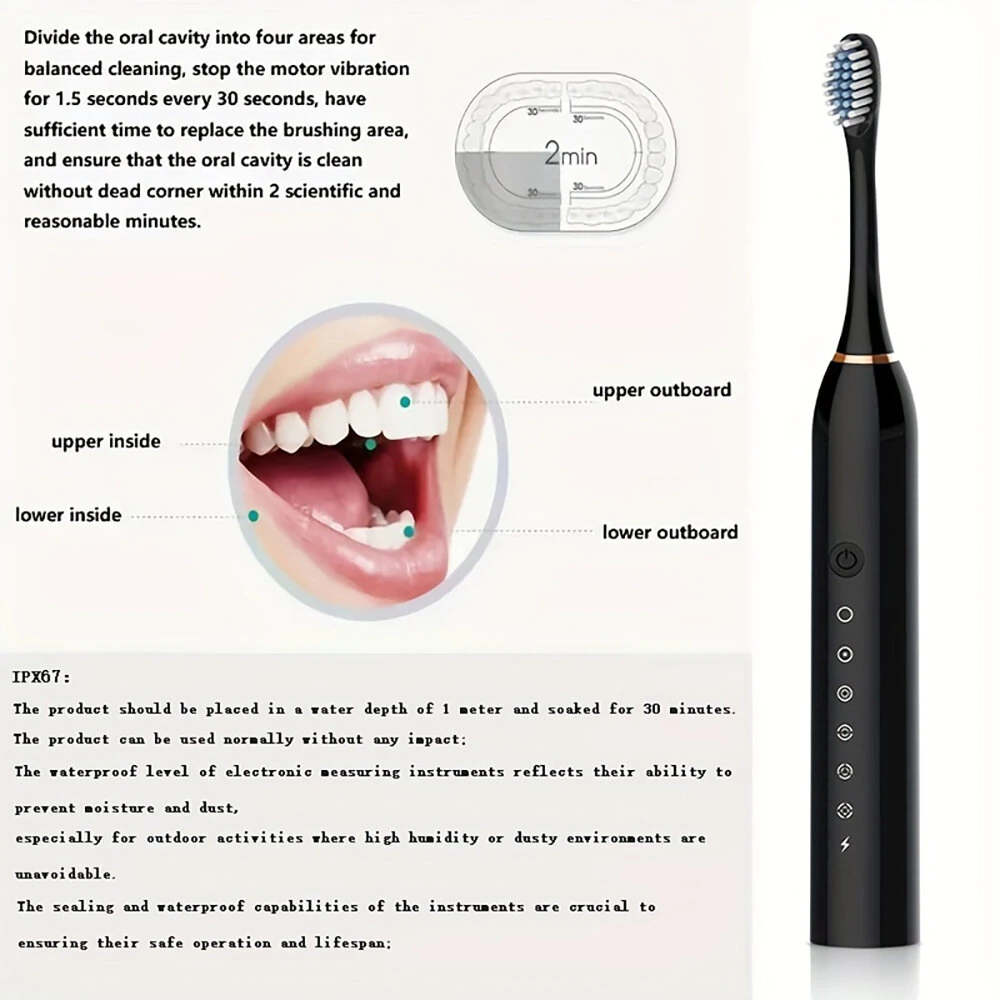 (image for) Ultrasonic Electric Toothbrush USB Charging Toothbrush for Adults Children Soft Bristles Portable Waterproof Brush Kit with 4 Brush Heads